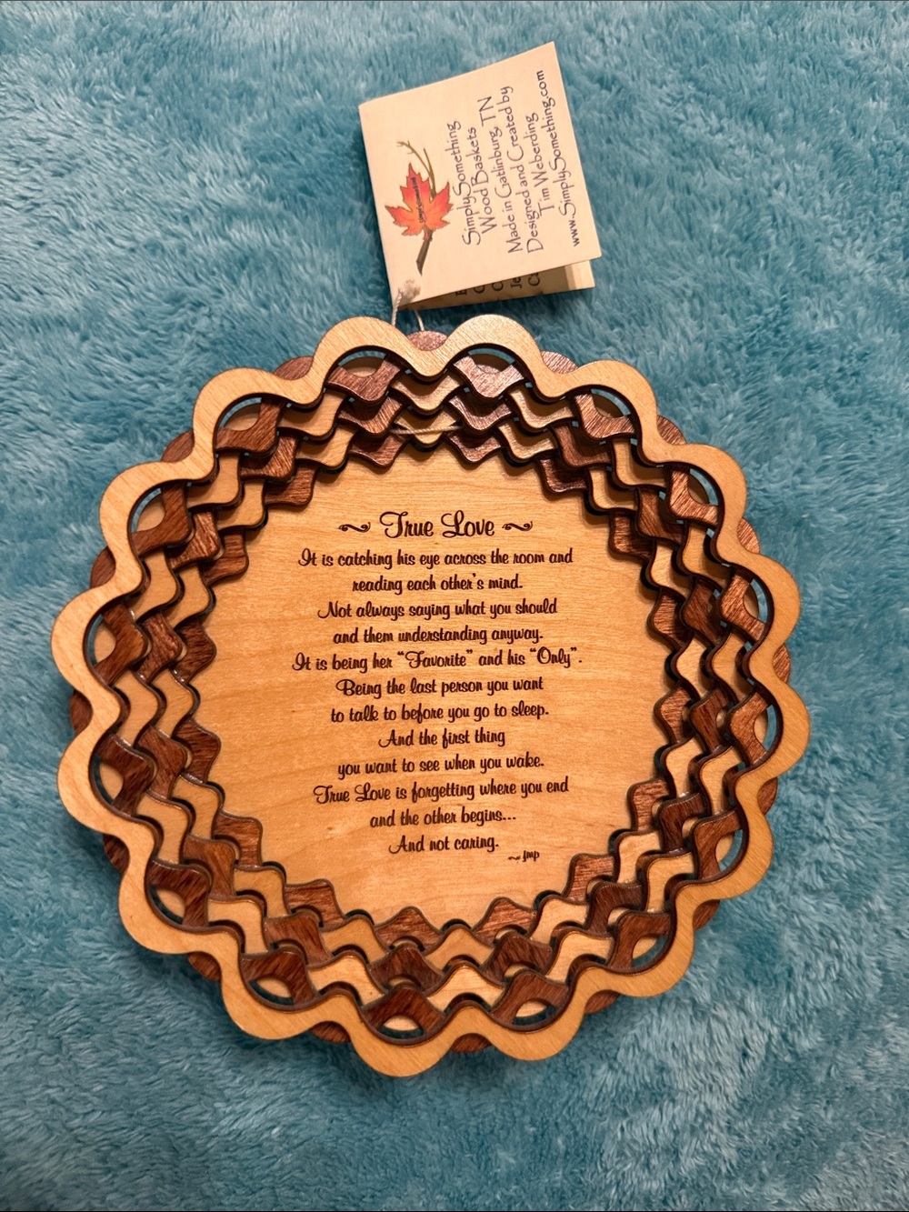 Tim Weberding wood carved artisan dish or trinket tray features “True Love” Poem